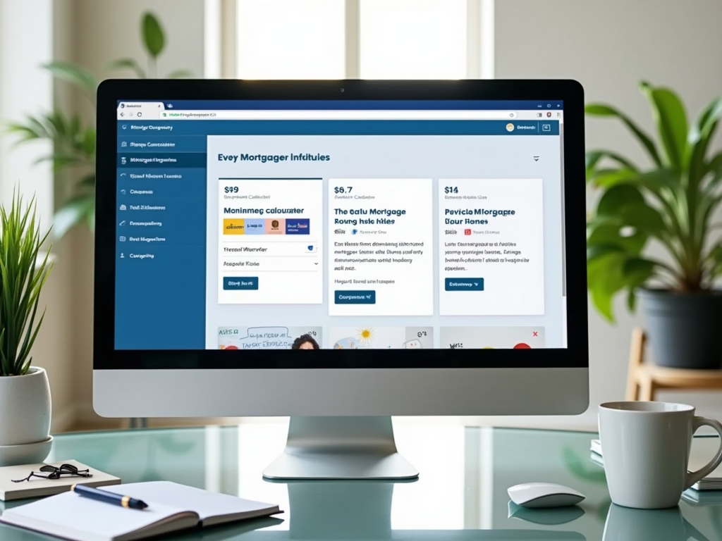 Монитор на рабочем столе с открытым сайтом по ипотечному кредитованию, рядом растение и чашка.