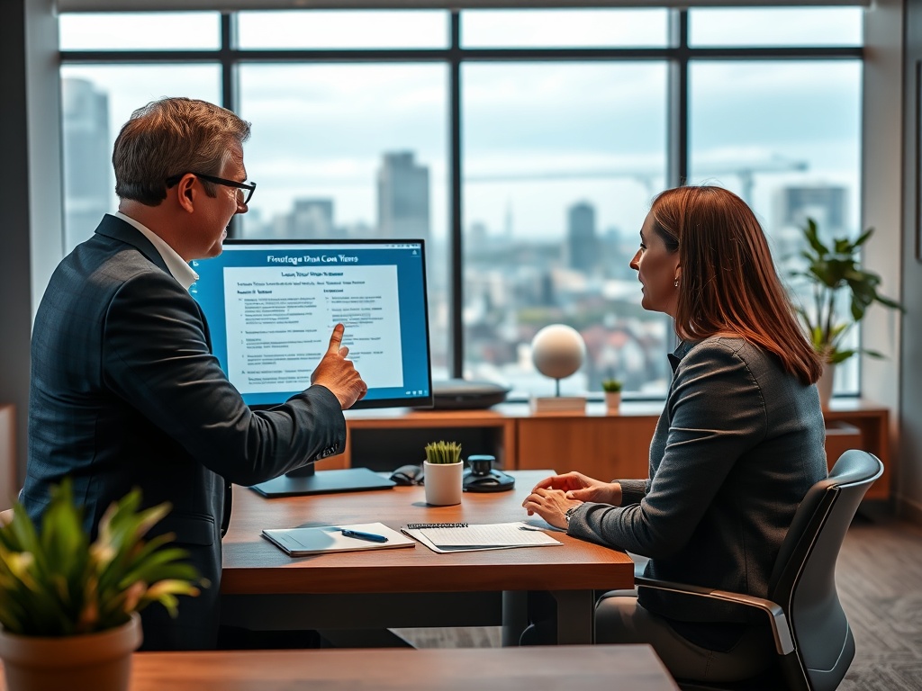 Два профессионала в офисе обсуждают проект, используя презентацию и заметки. Виден городской ландшафт.