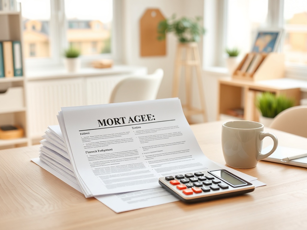 На столе расположены документы по ипотеке, калькулятор и чашка, фон — уютный офис.