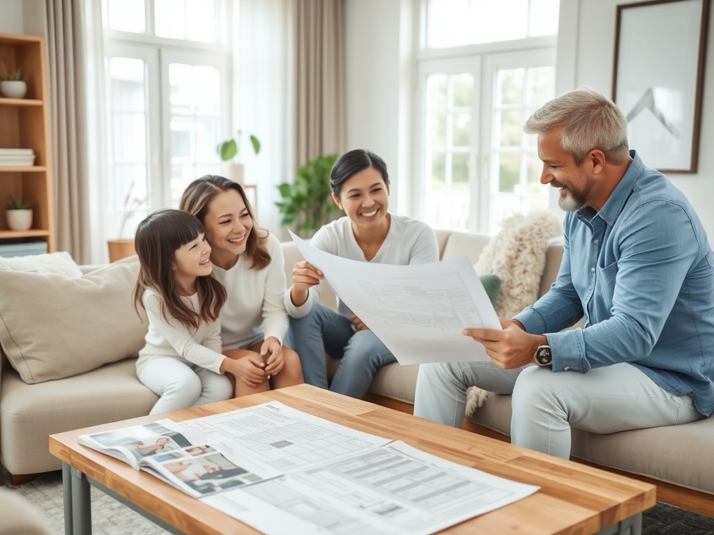 Семья обсуждает планы, сидя на диване, смотря на документы и улыбается друг другу в уютной обстановке.