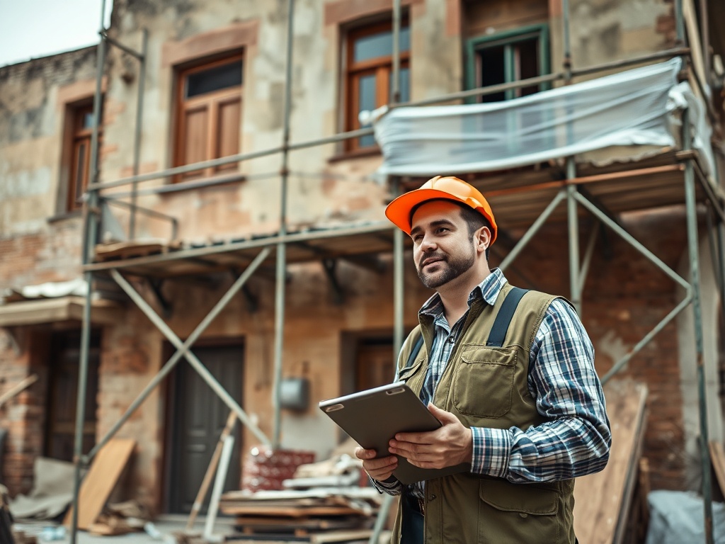 Строитель с планшетом на фоне ремонтируемого здания и строительных лесов, облачён в защитную каску.