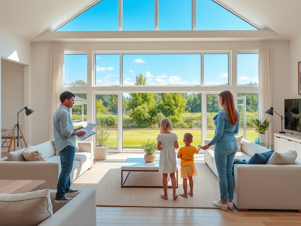 В уютной комнате семья смотрит в окно на красивый пейзаж с зелеными деревьями и голубым небом.