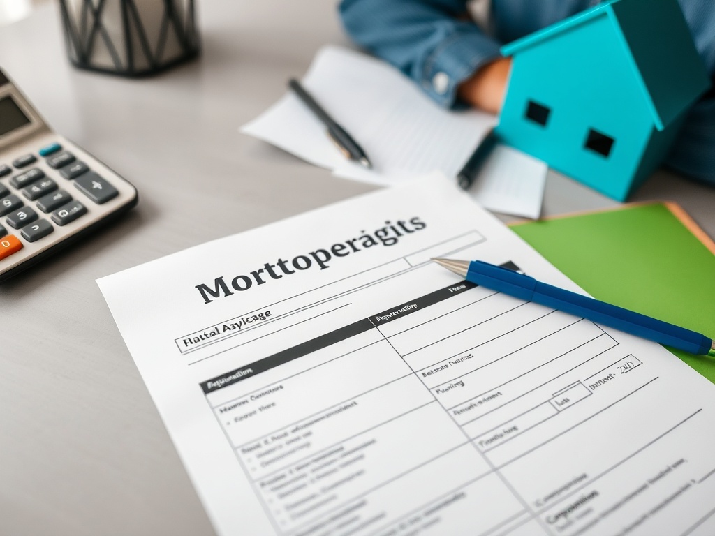 На столе находятся документы по ипотечному кредитованию, калькулятор и мелкий макет дома.