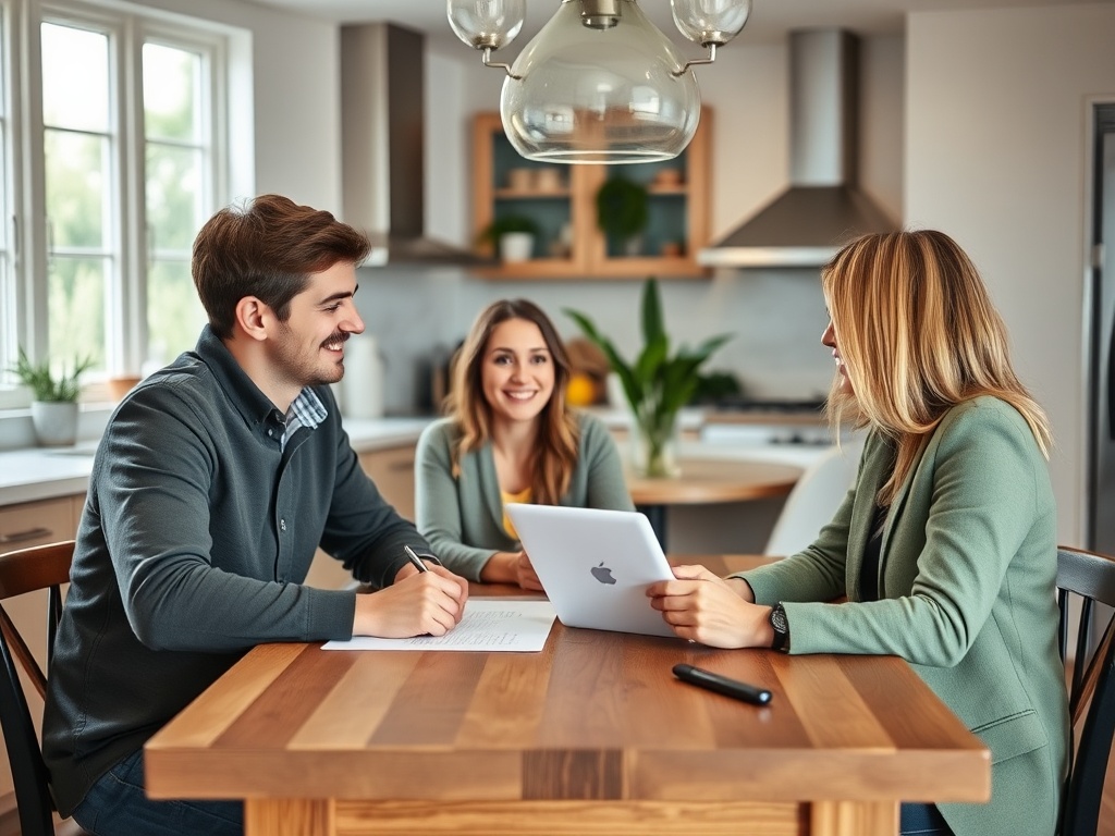 Трое молодых людей обсуждают проекты за столом на кухне, используя планшет и заметки. Серьёзная атмосфера.