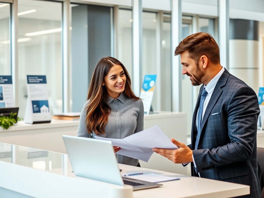 На изображении мужчина и женщина разговаривают и обмениваются документами в офисе.