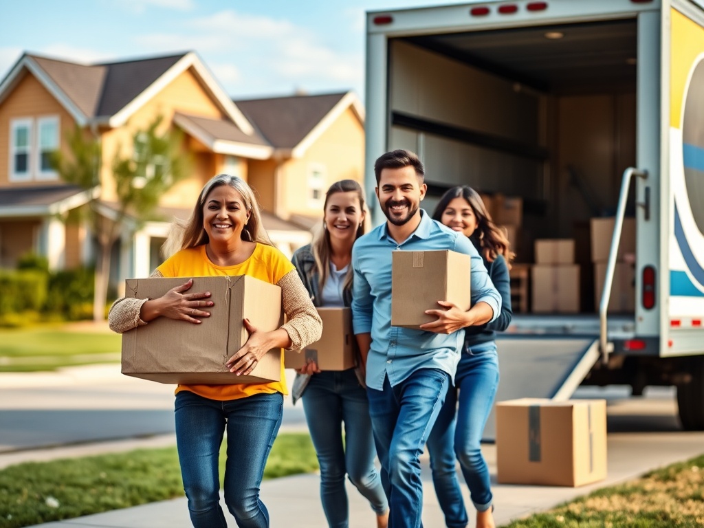 Группа людей несет коробки к грузовому автомобилю в жилом районе под ярким солнечным светом.