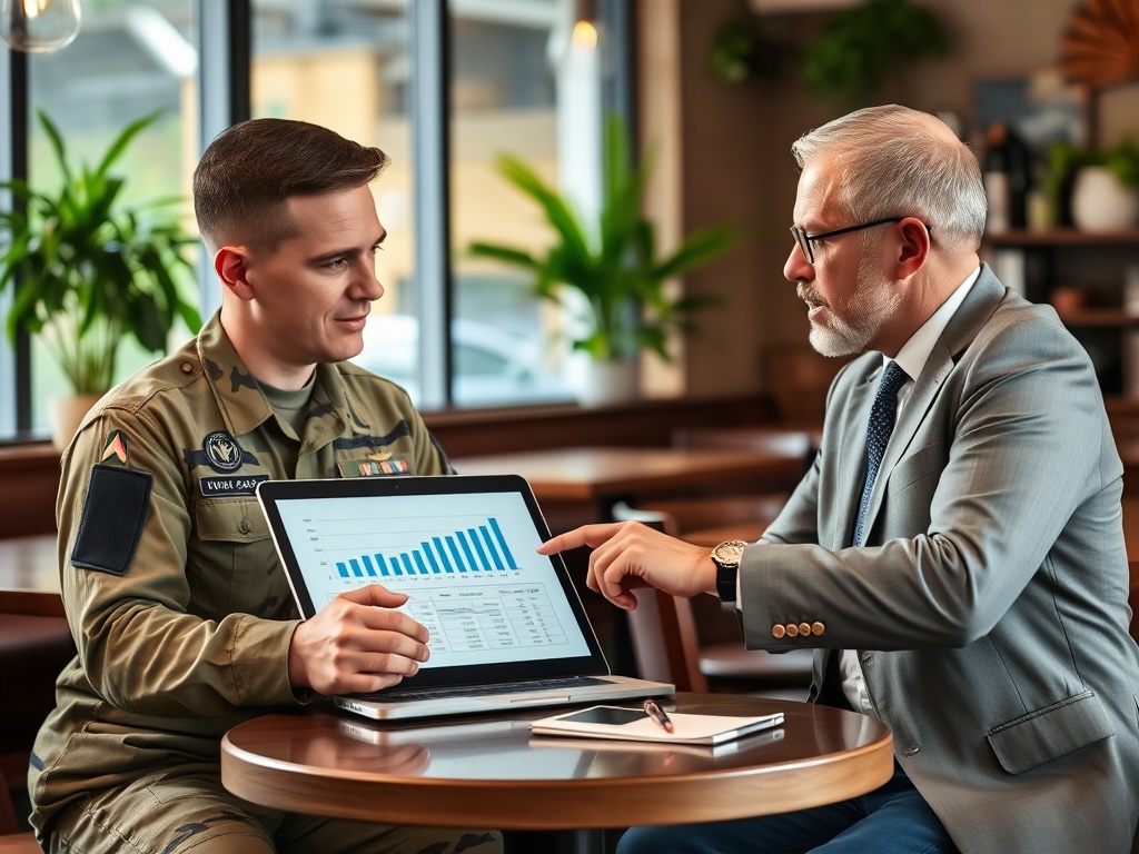 Два мужчины обсуждают данные на ноутбуке в кафе: военный и бизнесмен. Вокруг зелёные растения.